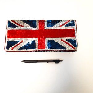 red white and blue union jack sequin clutch, lined
